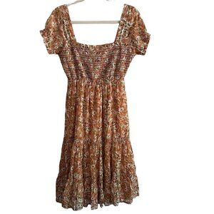 Southern Fried Chics Women XS Orange Floral Cottagecore Smocked Tiered Dress NWT